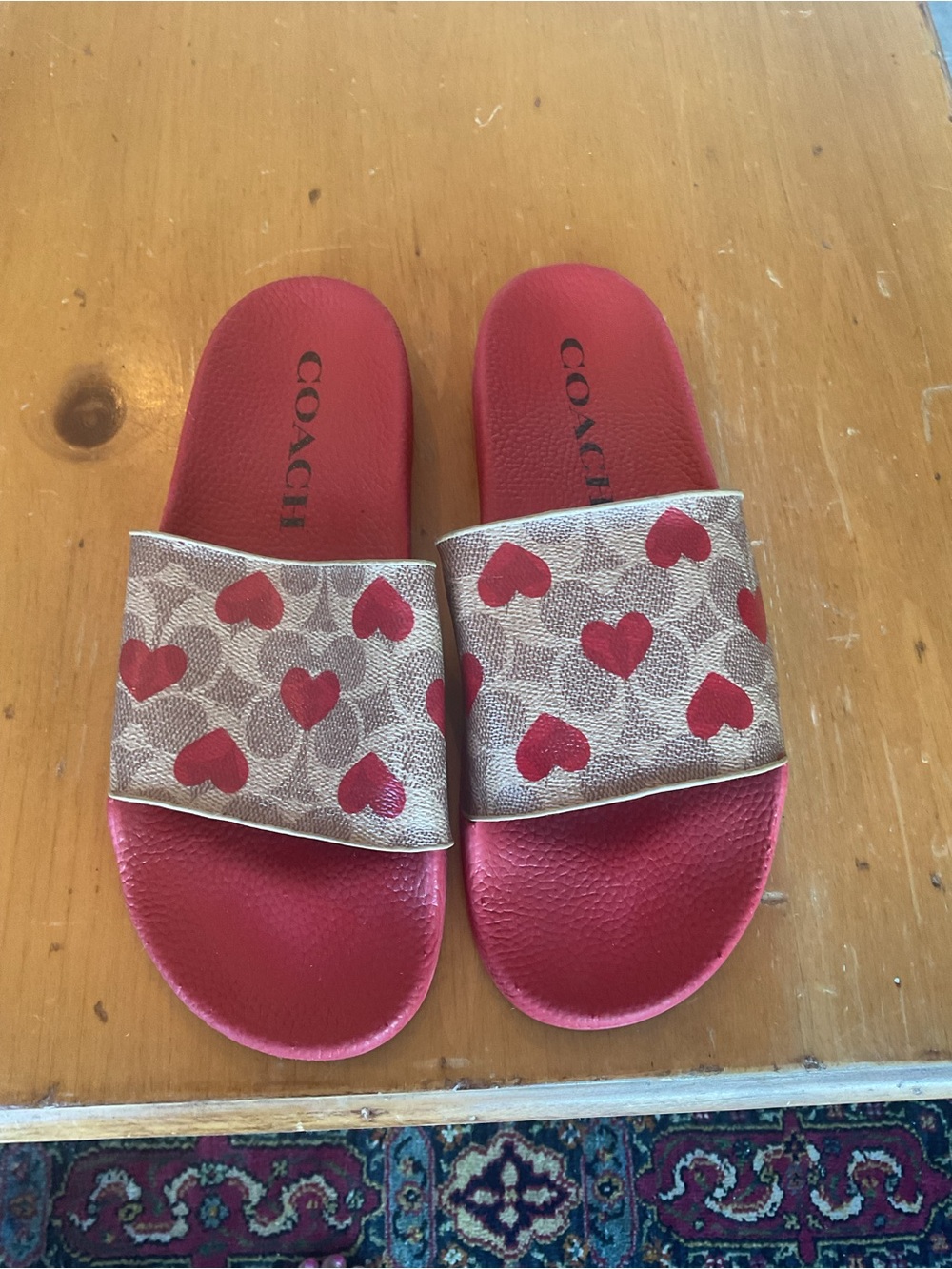 COACH Red Slide Sandals with Heart-Print Strap
